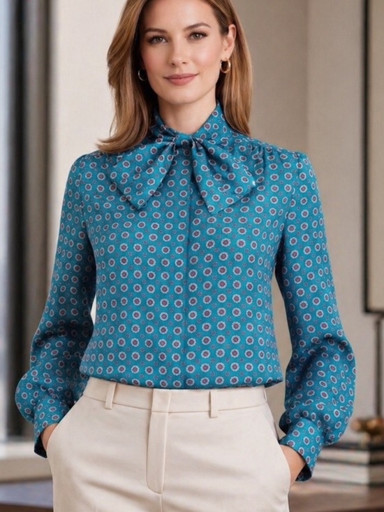 Laura Mae Tops - VTG Career Blouse w/ Neck Bow Button Shirt Women M Professional Office Tie Neck